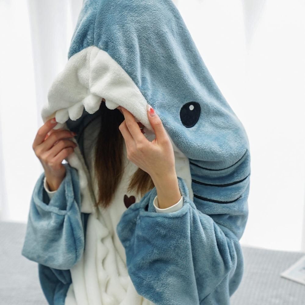 #7 Cozy Shark Snuggle Pajamas for kids and adults. (*editors note- Silly and Comfy. As seen trendy everywhere.)